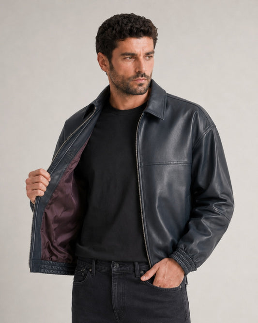 SignatureMidnightBlueLeatherBlousonBomberJacket