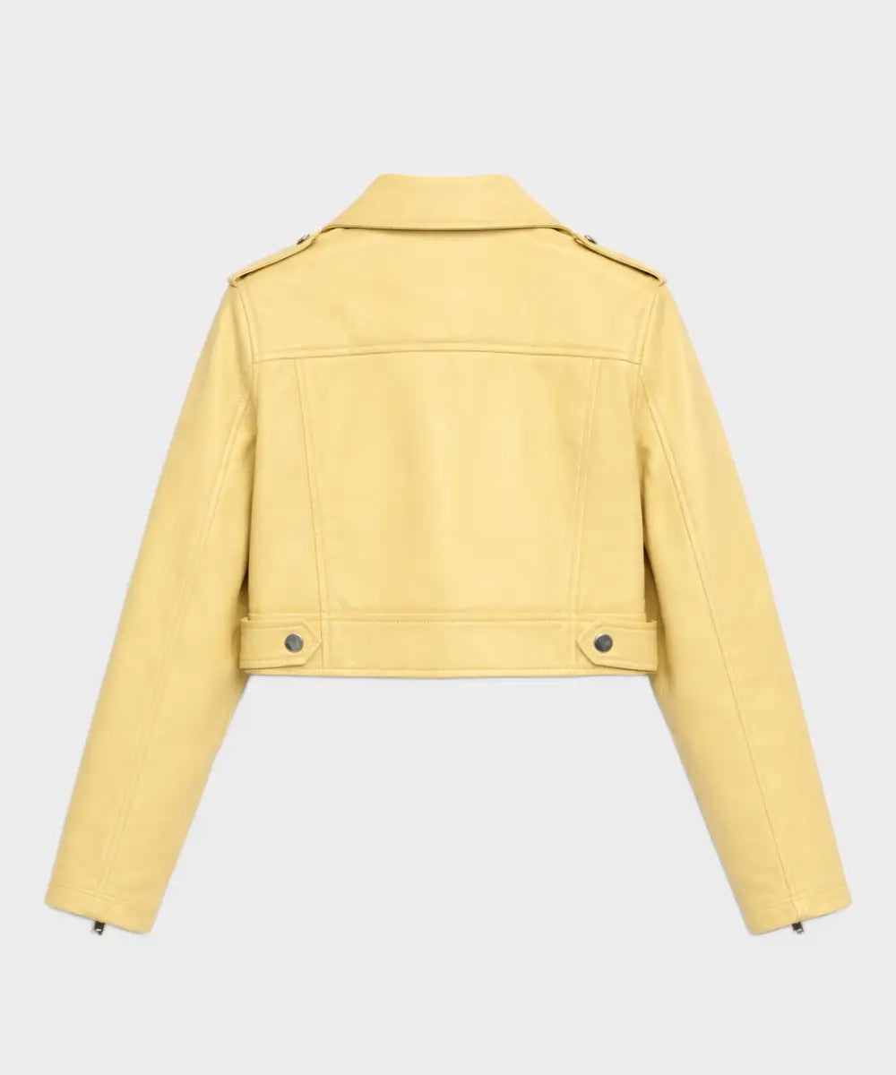 SummerYellowLeatherCroppedBikerJacket