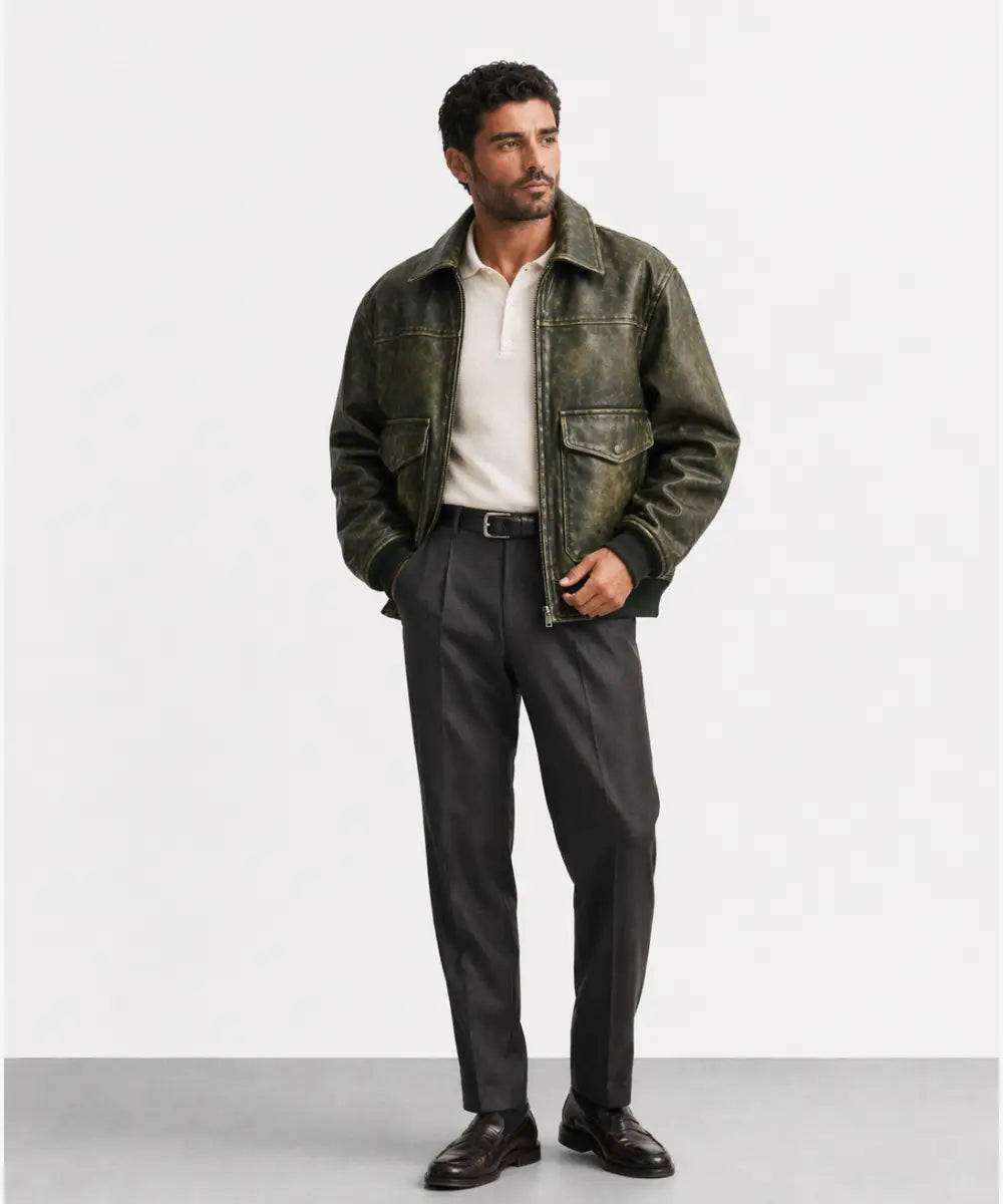 Vintage Effect Olive Distressed Leather Jacket  Iron Saddle
