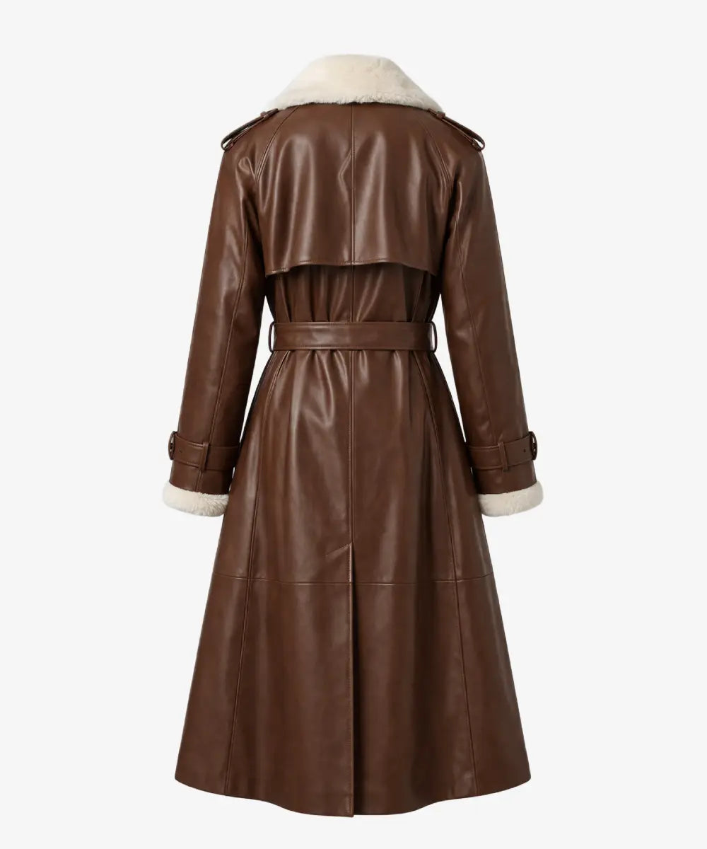 WomenBrownLeatherLongBeltedWhiteShearlingTrenchCoatLimitedEdition