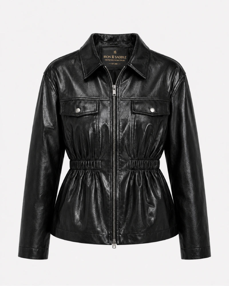 WomenCollectionBlackFauxLeatherJacketWithElasticatedWaist