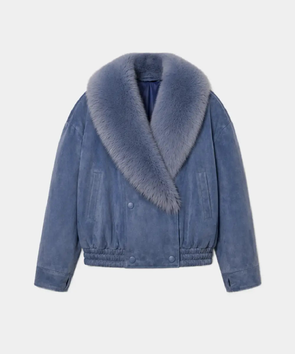 WomenIceBlueSuedeLeatherJacketWithFur