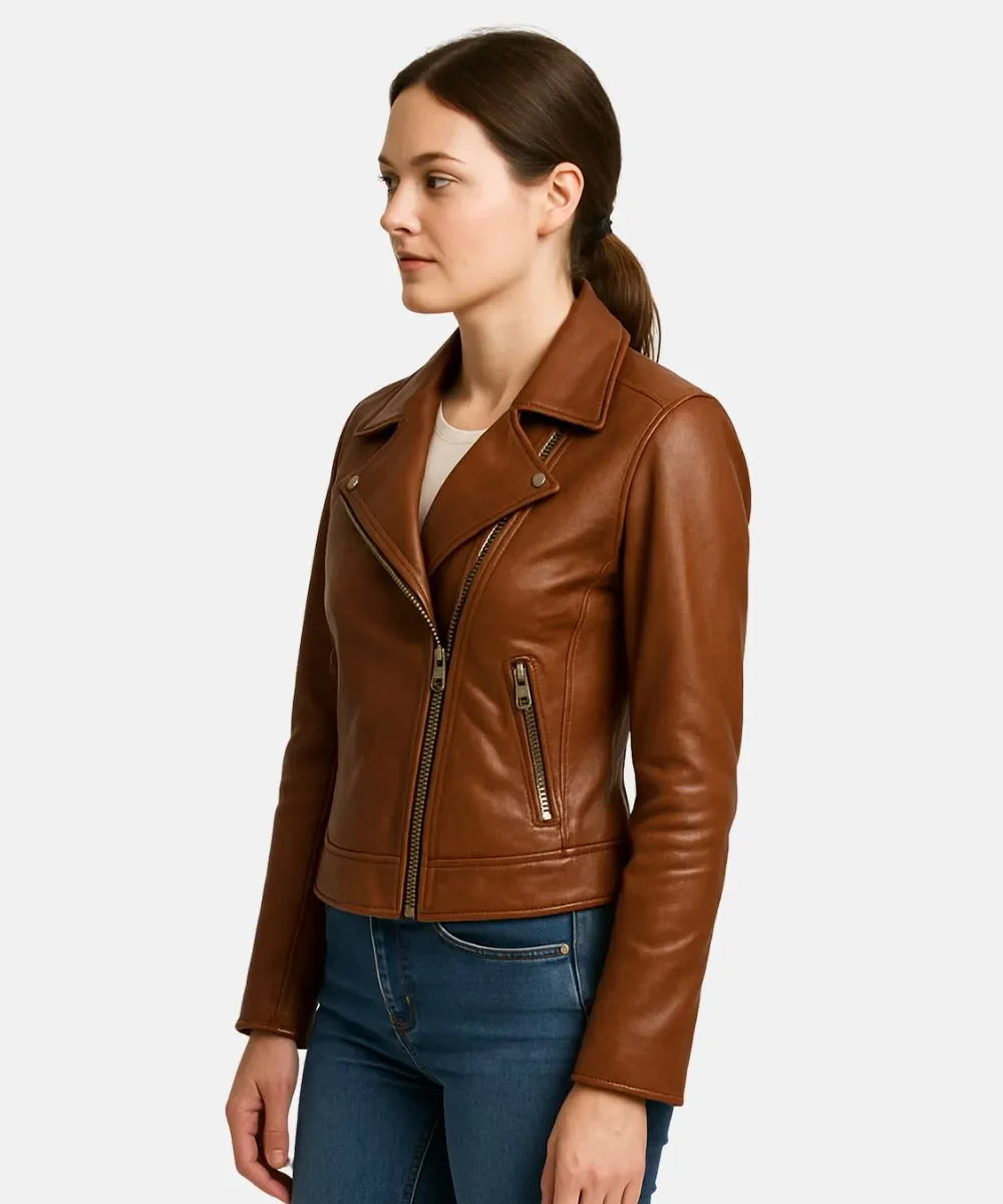 WomenVintageBrownBikerLeatherJacket