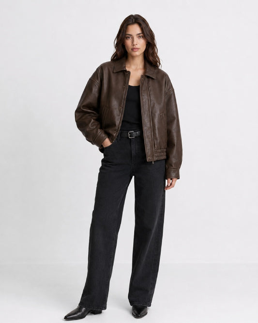 Selena Oversized Brown Leather Jacket