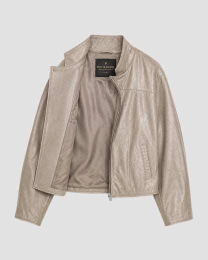 BeigeFauxLeatherHighNeckJacket