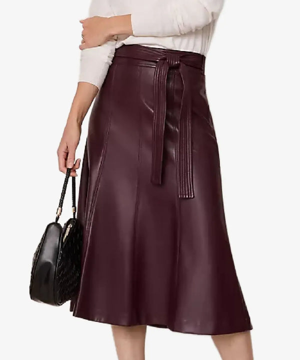 BeltedMaroonLeatherLongSkirt