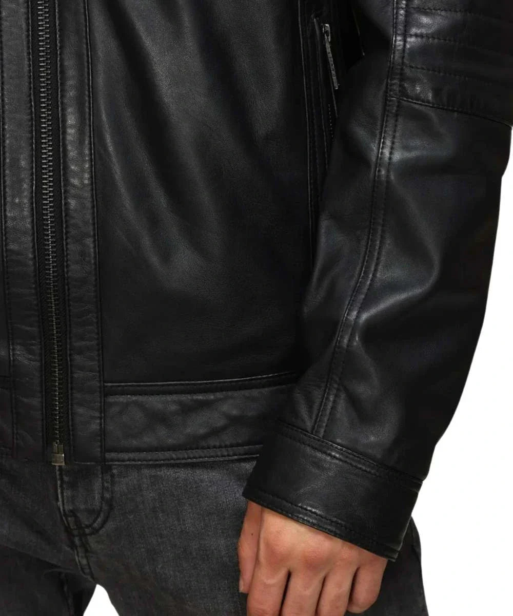 Biker Leather Bomber Black Jacket With Detachable Hood For Men