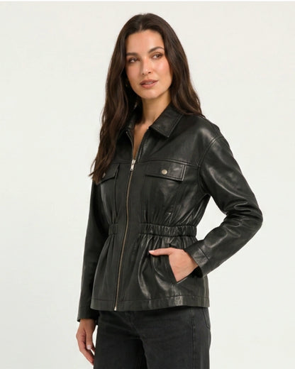 BlackFauxLeatherJacketWithElasticatedWaist