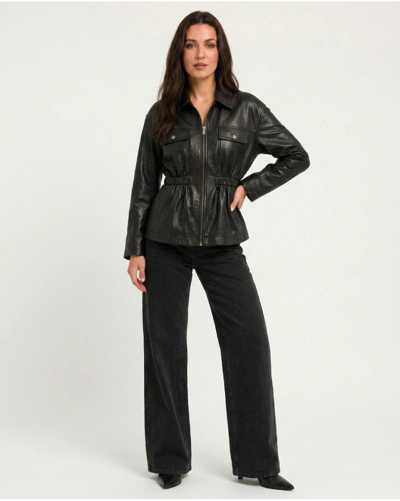 BlackLeatherJacketWithElasticatedWaist