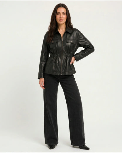 BlackLeatherJacketWithElasticatedWaist
