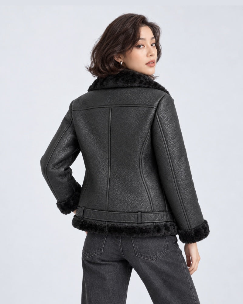 BlackShearlingAsymmetricMotoLeatherJacket