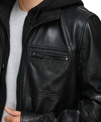Black Biker Leather Bomber Jacket With Detachable Hood For Men