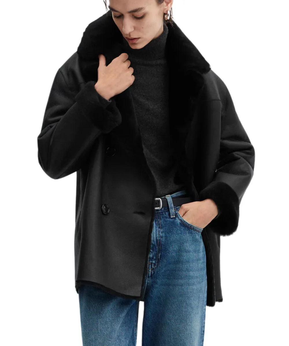 Black Shearling Lined Leather Jacket Womens 