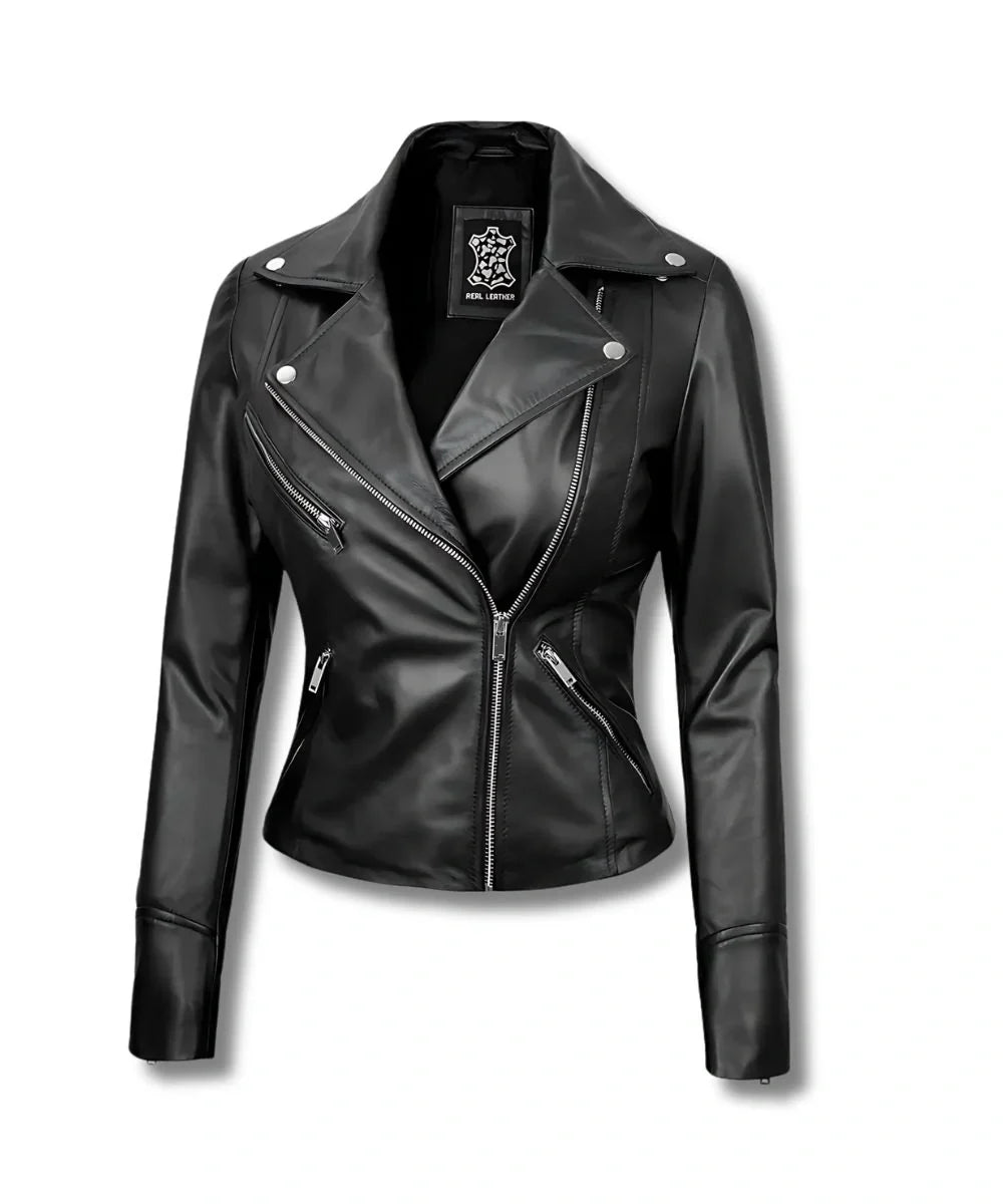 Black Womans Motorcycle Black Biker Leather Bomber Jacket 