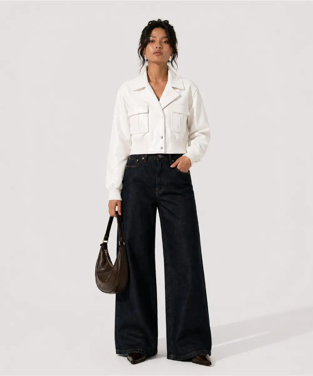 BoucleWhiteLeatherLapelCroppedBomberJacket