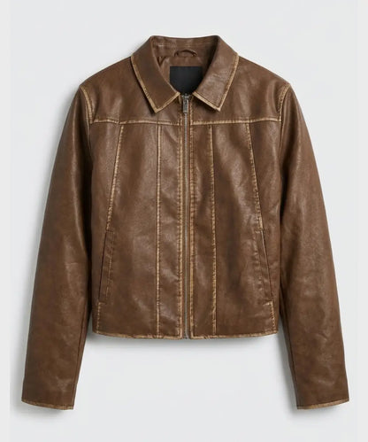 BoxyWashedSeamPUHarringtonJacket