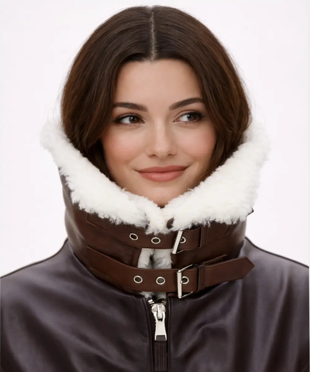 BrownDoubleCollarLeatherWomenJacket with Fur