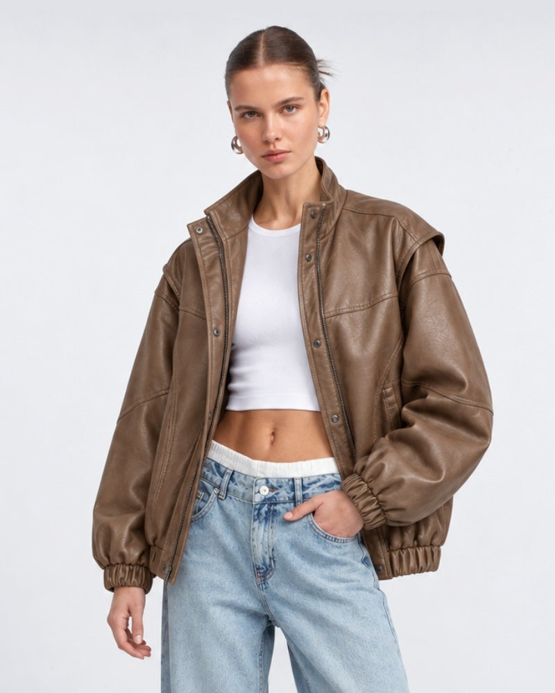 BrownFauxLeatherBomberJacketWithHighNeck