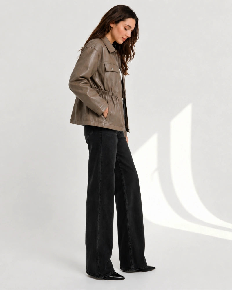BrownFauxLeatherJacketWithElasticatedWaist Women