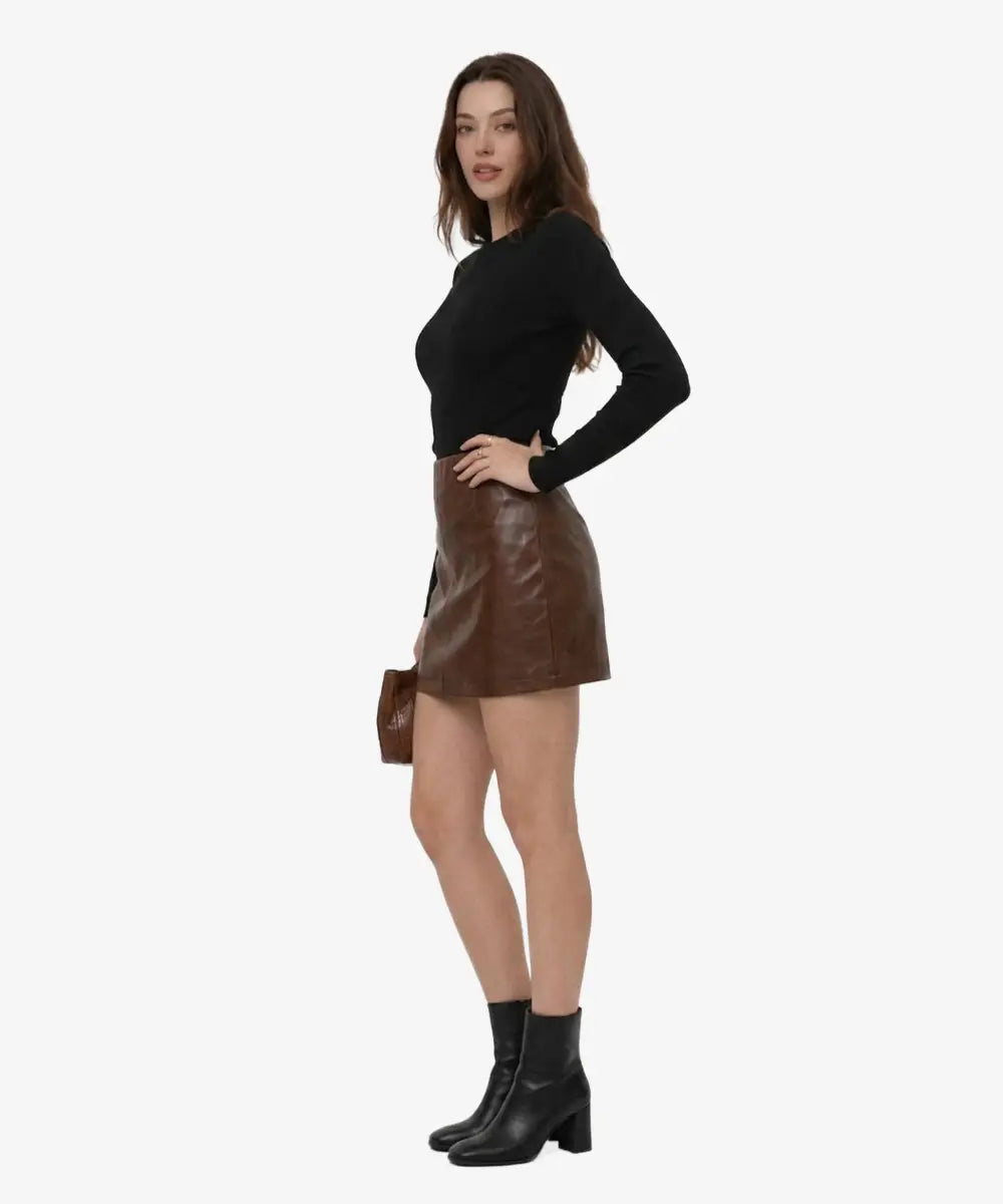BrownFauxLeatherMiniSkirtWomen