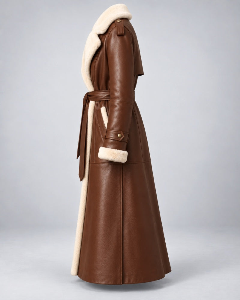 Women’s Brown Shearling Leather Belted Trench Coat