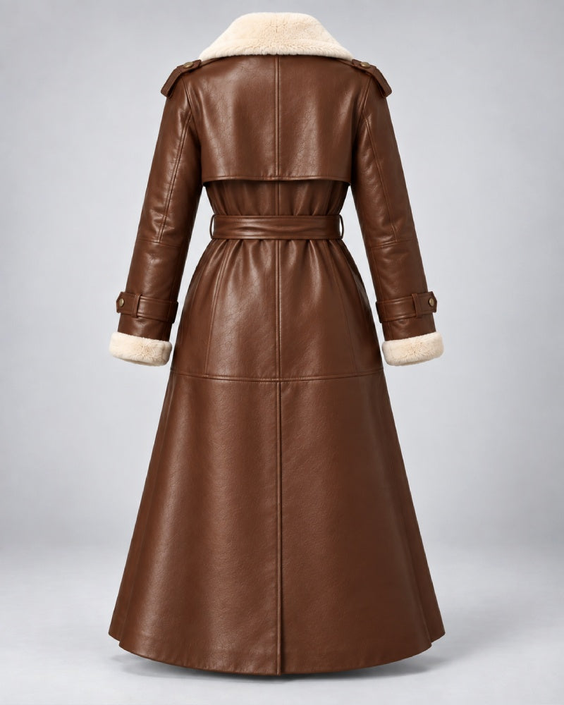 Women’s Brown Shearling Leather Belted Trench Coat