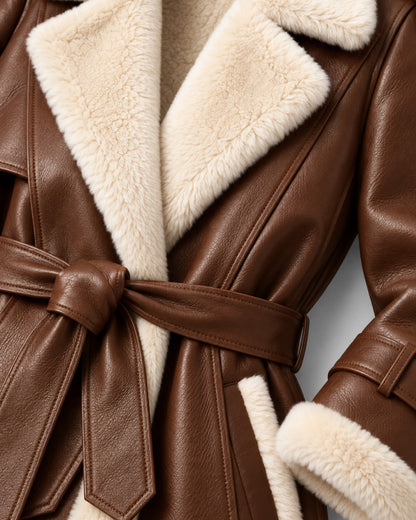 Women’s Brown Shearling Leather Belted Trench Coat