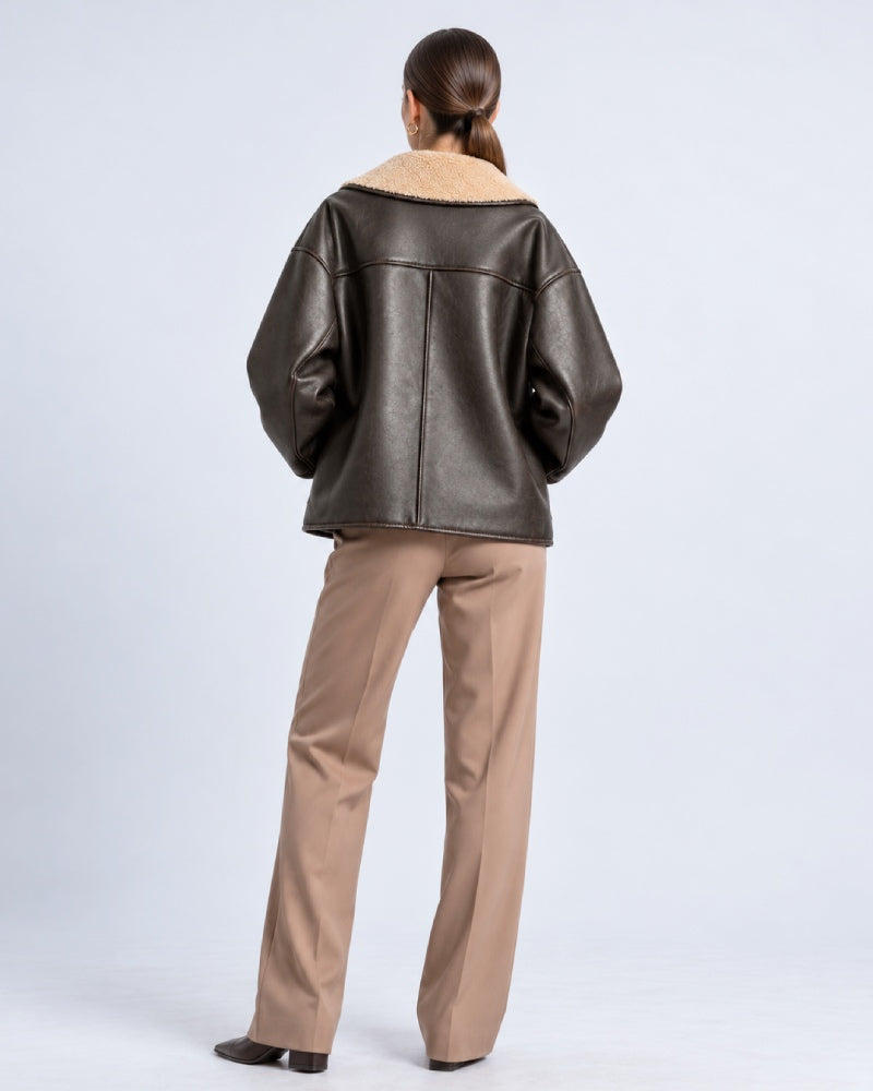 BrownShearlingLeatherLimitedEditionOversizedDoubleFacedAviatorBomberJacket