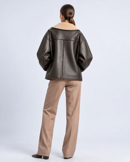BrownShearlingLeatherLimitedEditionOversizedDoubleFacedAviatorBomberJacket