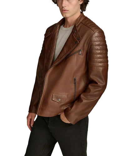 Brown leather biker jacket with hood For Mens