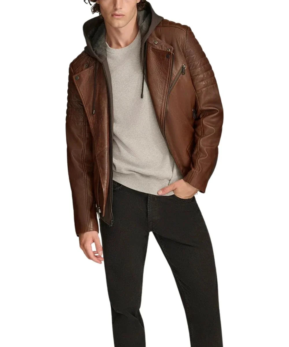 Brown leather jacket with hood For Mens