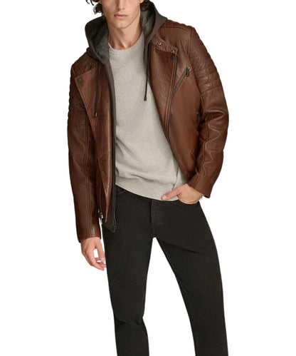 Brown leather jacket with hood For Mens