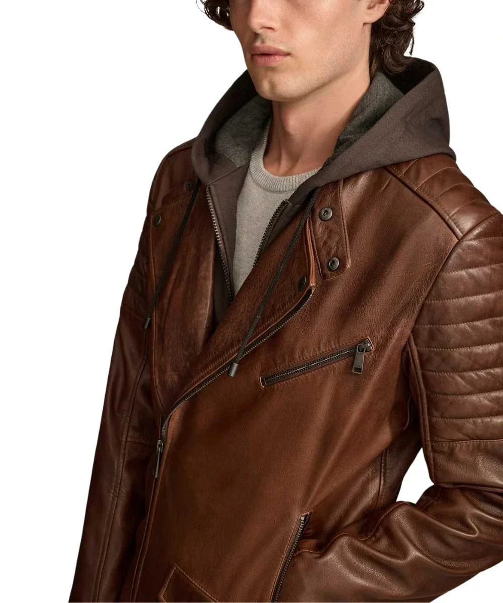 Brown leather jacket with removable hood