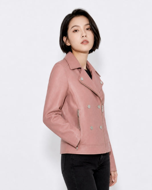 Classic Pink Leather Biker Jacket