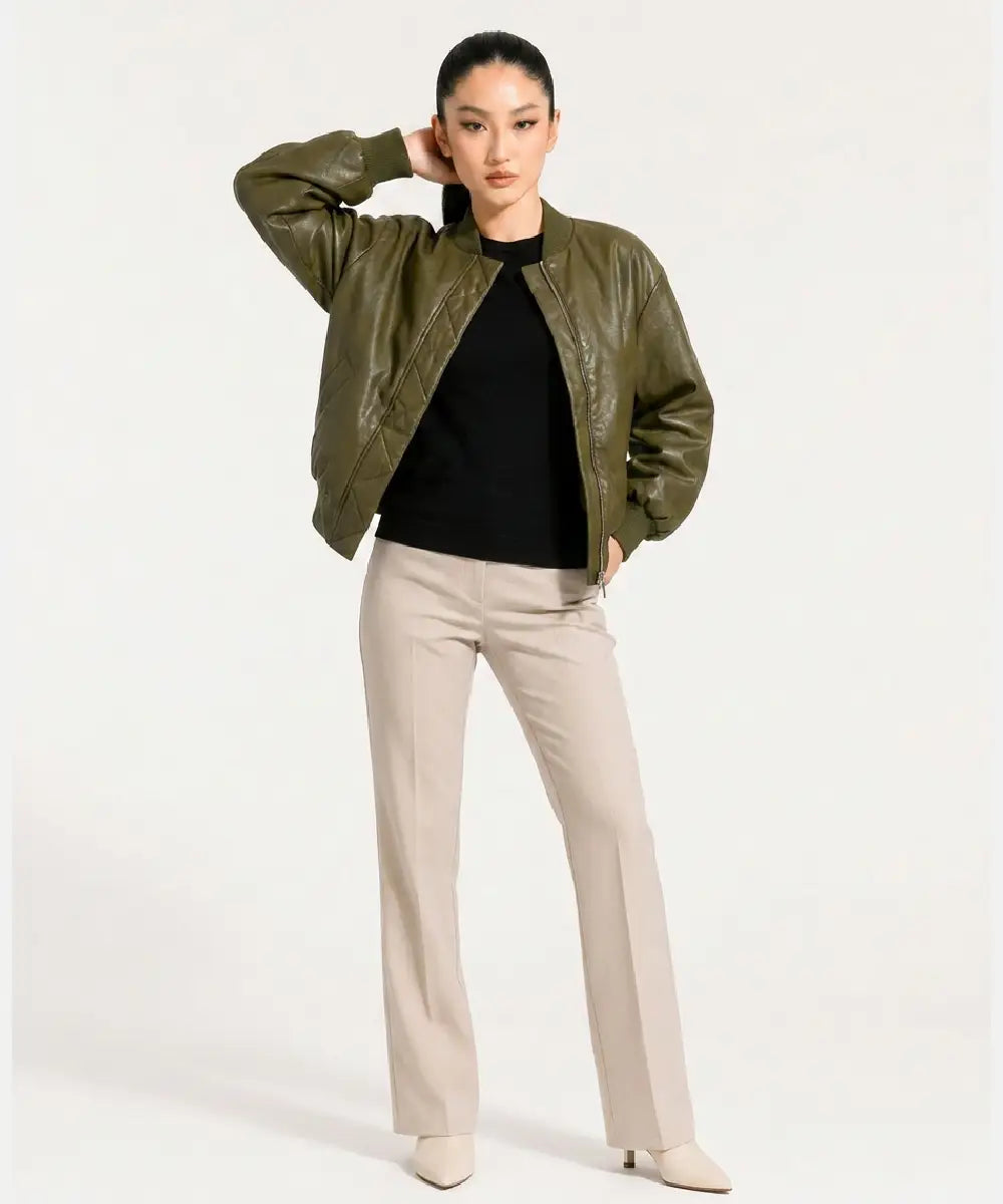 CollectionGreenFauxLeatherBomberJacketWithShoulderPads