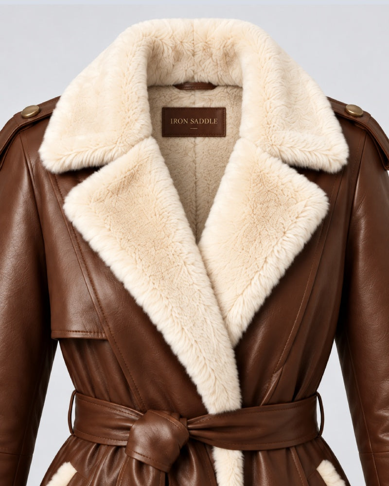 Women’s Brown Shearling Leather Belted Trench Coat