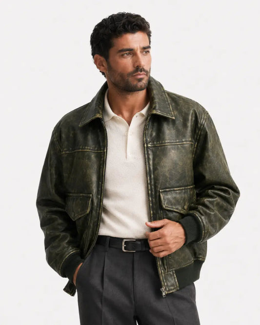 Vintage Effect Olive Distressed Leather Jacket