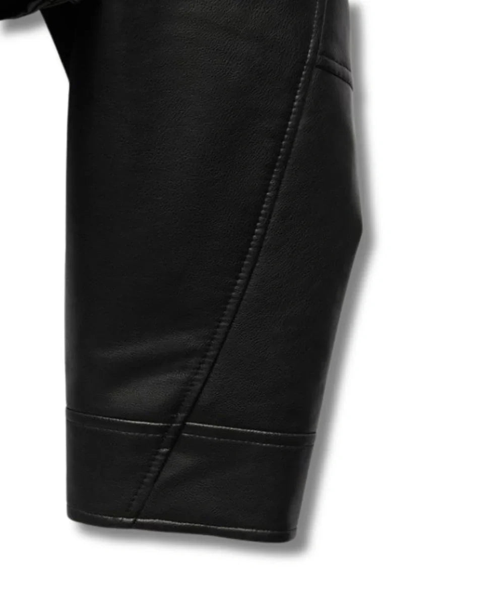 Cropped Black Leather Bomber Jacket For Women