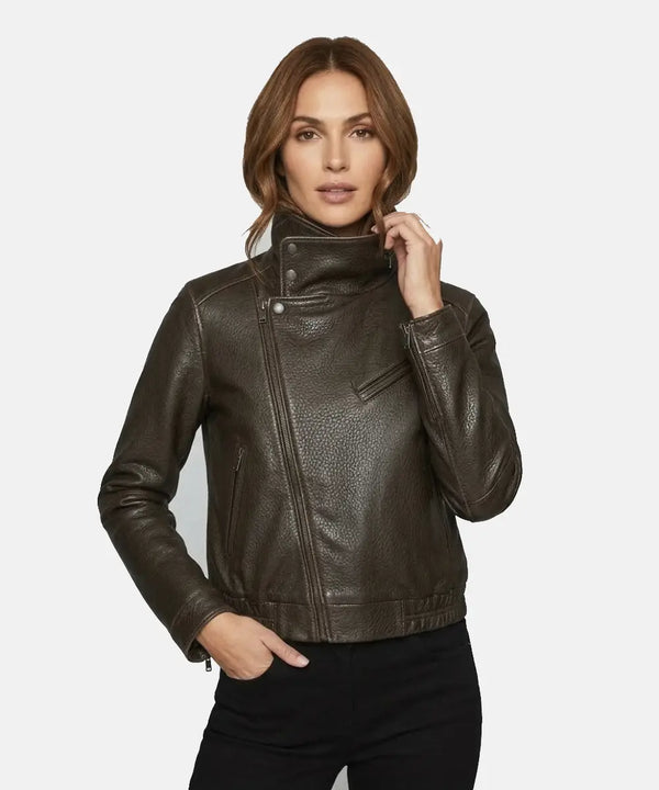DarkBrownHighCollarLeatherJacket