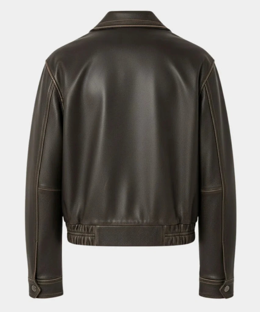Dark Brown Distressed Oversized Leather Bomber Jacket For Women