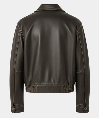Dark Brown Distressed Oversized Leather Bomber Jacket For Women
