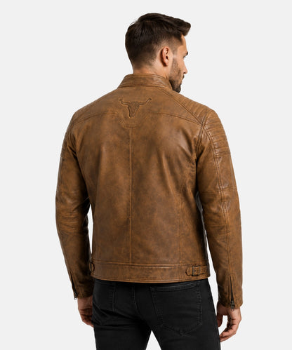 DistressedTanCafeRacerLeatherJacket