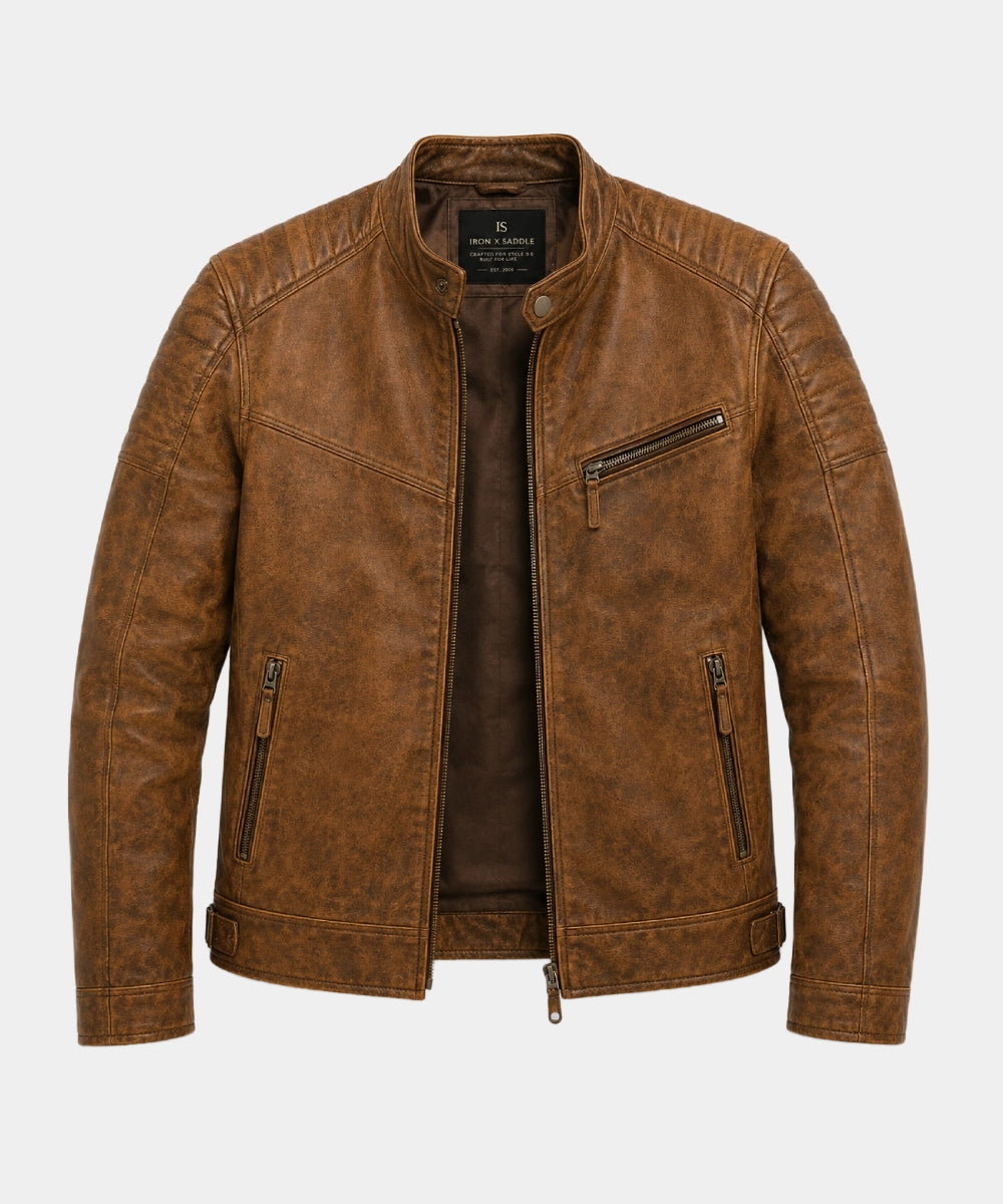 DistressedTanMencafeRacerLeatherJacket