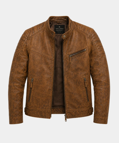 DistressedTanMencafeRacerLeatherJacket