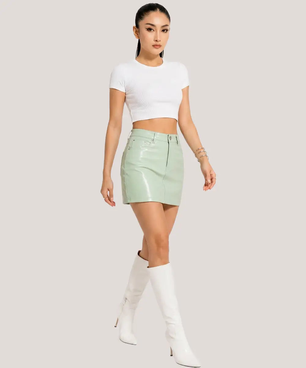 EmmaStoneMintGreenLeatherMiniSkirtSale