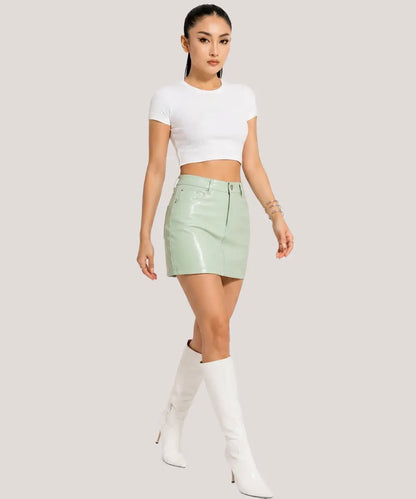 EmmaStoneMintGreenLeatherMiniSkirtSale