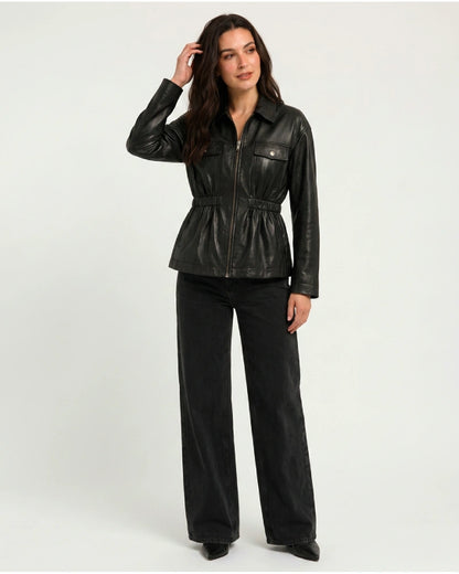 Faux Black Leather_Jacket_With_Elasticated_Waist