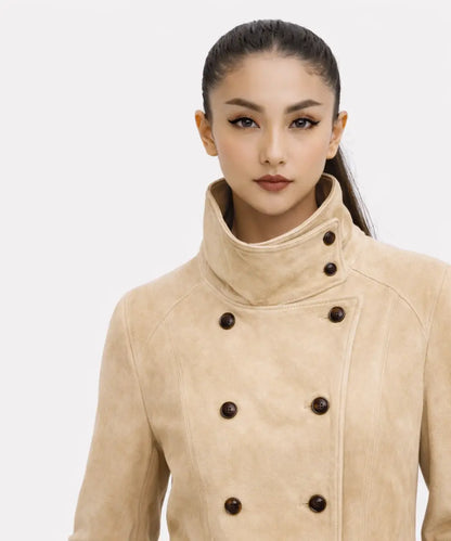 FittedBeigeSuedeLeatherJacketHighNeckDoubleBreastedFit