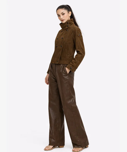 FittedBrownSuedeLeatherJacketHighNeckDoubleBreastedFit