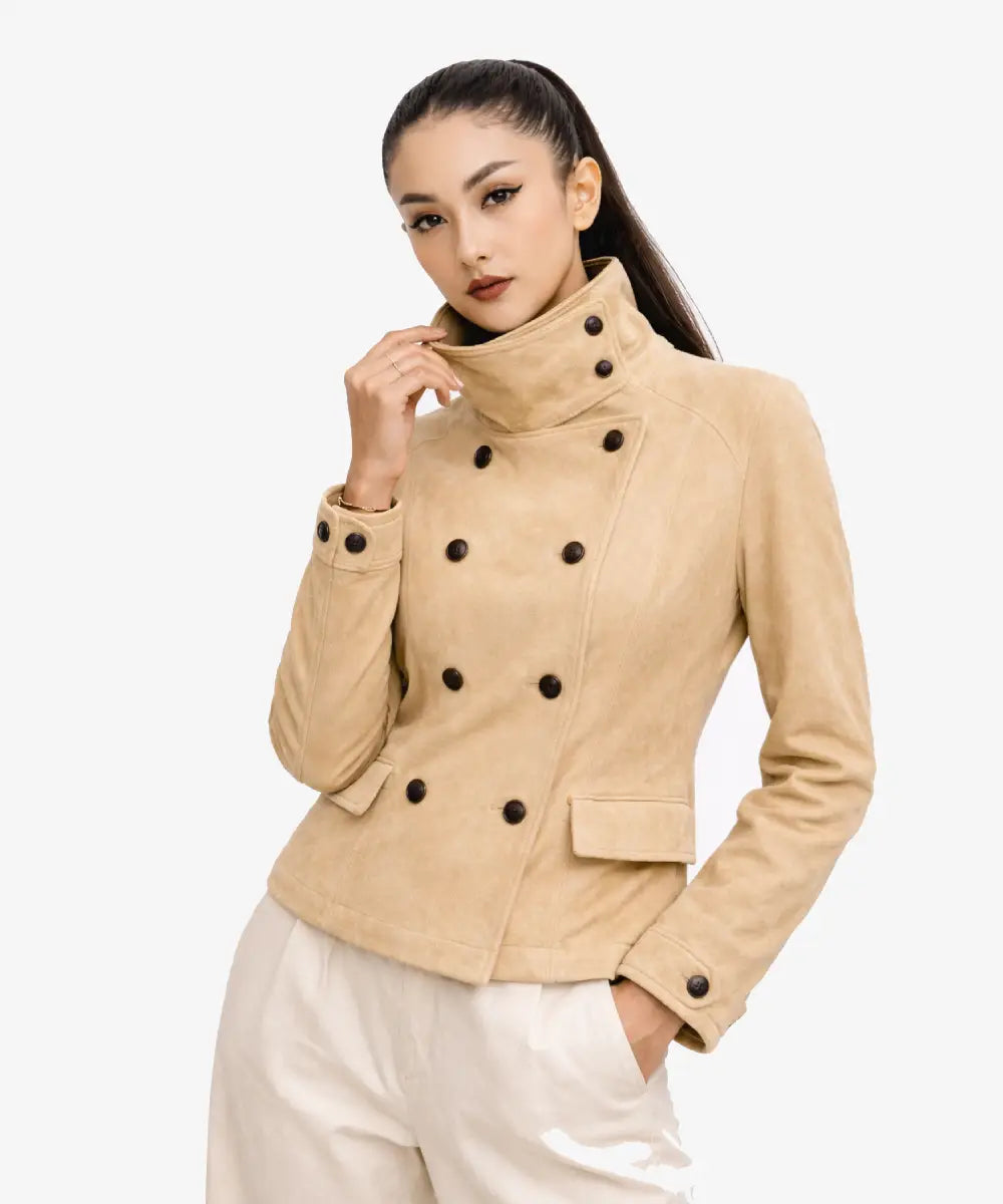 WomenFittedBeigeSuedeLeatherJacket